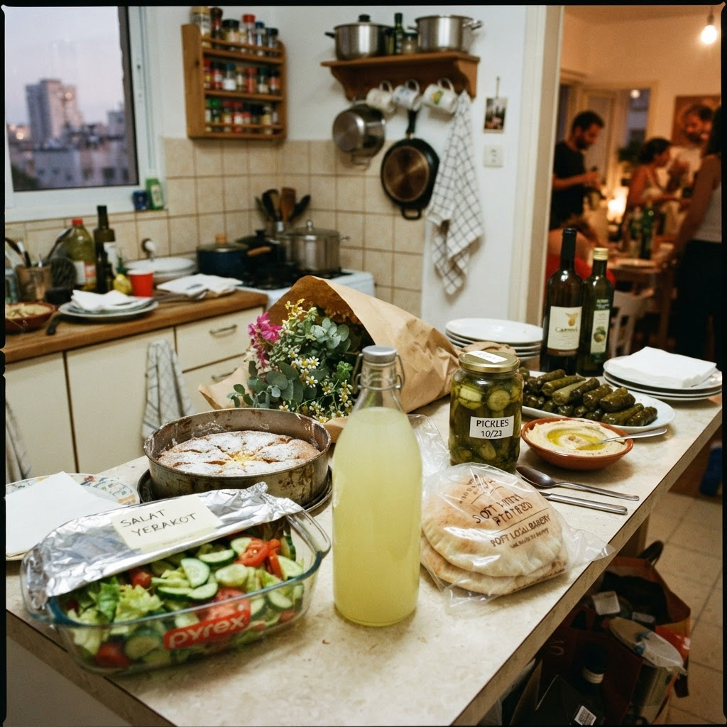 שיש מטבח מלא במנות, לחם ופרחים שהובאו לארוחה משותפת