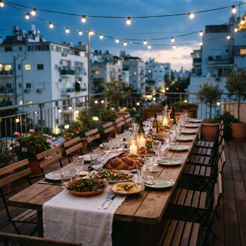 שולחן ארוך ערוך על גג בתל אביב בשעת בין ערביים, עם סלטים, חלה ונרות מתחת לשרשרת אורות